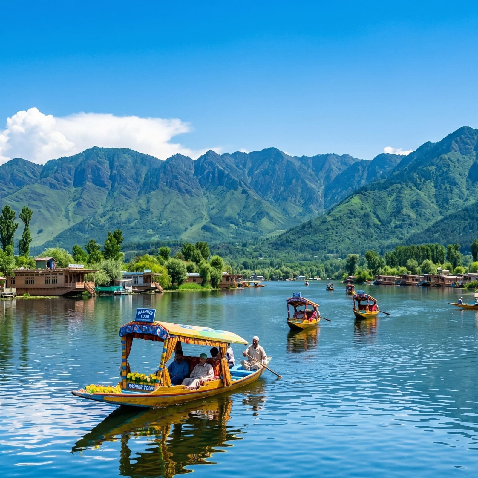 Dal Lake in Kashmir with shikaras and lush green mountains